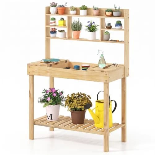 HAPPYGRILL Potting Bench Table, 60” Wood Garden Work Bench with Storage, Natural Fir, Outdoor thumbnail 1