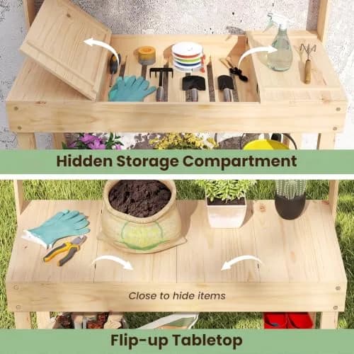 HAPPYGRILL Potting Bench Table, 60” Wood Garden Work Bench with Storage, Natural Fir, Outdoor thumbnail 4