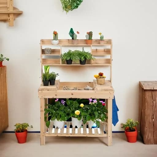 HAPPYGRILL Potting Bench Table, 60” Wood Garden Work Bench with Storage, Natural Fir, Outdoor thumbnail 6