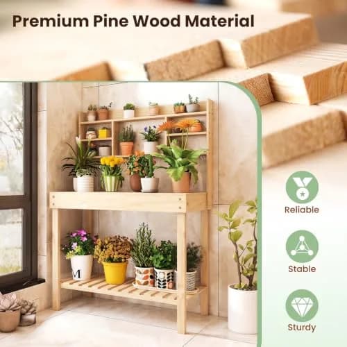 HAPPYGRILL Potting Bench Table, 60” Wood Garden Work Bench with Storage, Natural Fir, Outdoor thumbnail 7