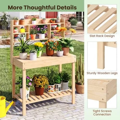 HAPPYGRILL Potting Bench Table, 60” Wood Garden Work Bench with Storage, Natural Fir, Outdoor thumbnail 8