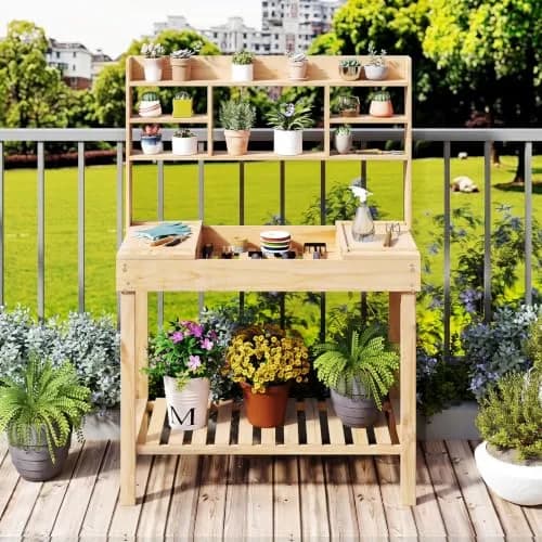 HAPPYGRILL Potting Bench Table, 60” Wood Garden Work Bench with Storage, Natural Fir, Outdoor thumbnail 10