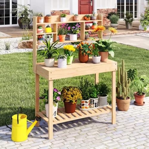 HAPPYGRILL Potting Bench Table, 60” Wood Garden Work Bench with Storage, Natural Fir, Outdoor thumbnail 2