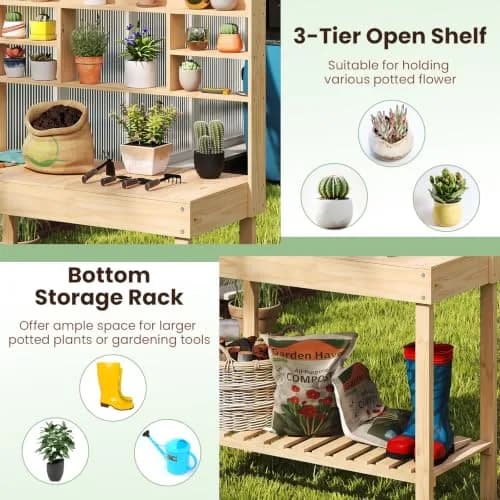 HAPPYGRILL Potting Bench Table, 60” Wood Garden Work Bench with Storage, Natural Fir, Outdoor thumbnail 3