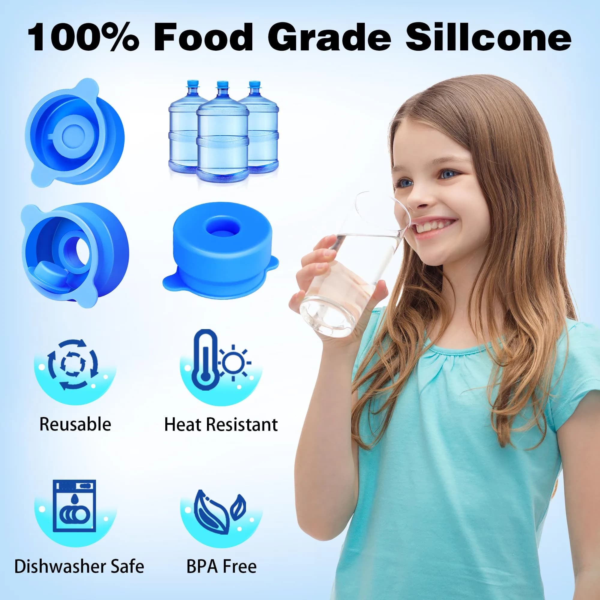 U-Goforst 4 Pack 3 & 5 Gallon Water Jug Caps - 55mm Silicone Reusable Replacement Lids | Leak-Proof & Non-Spill Design - view 5