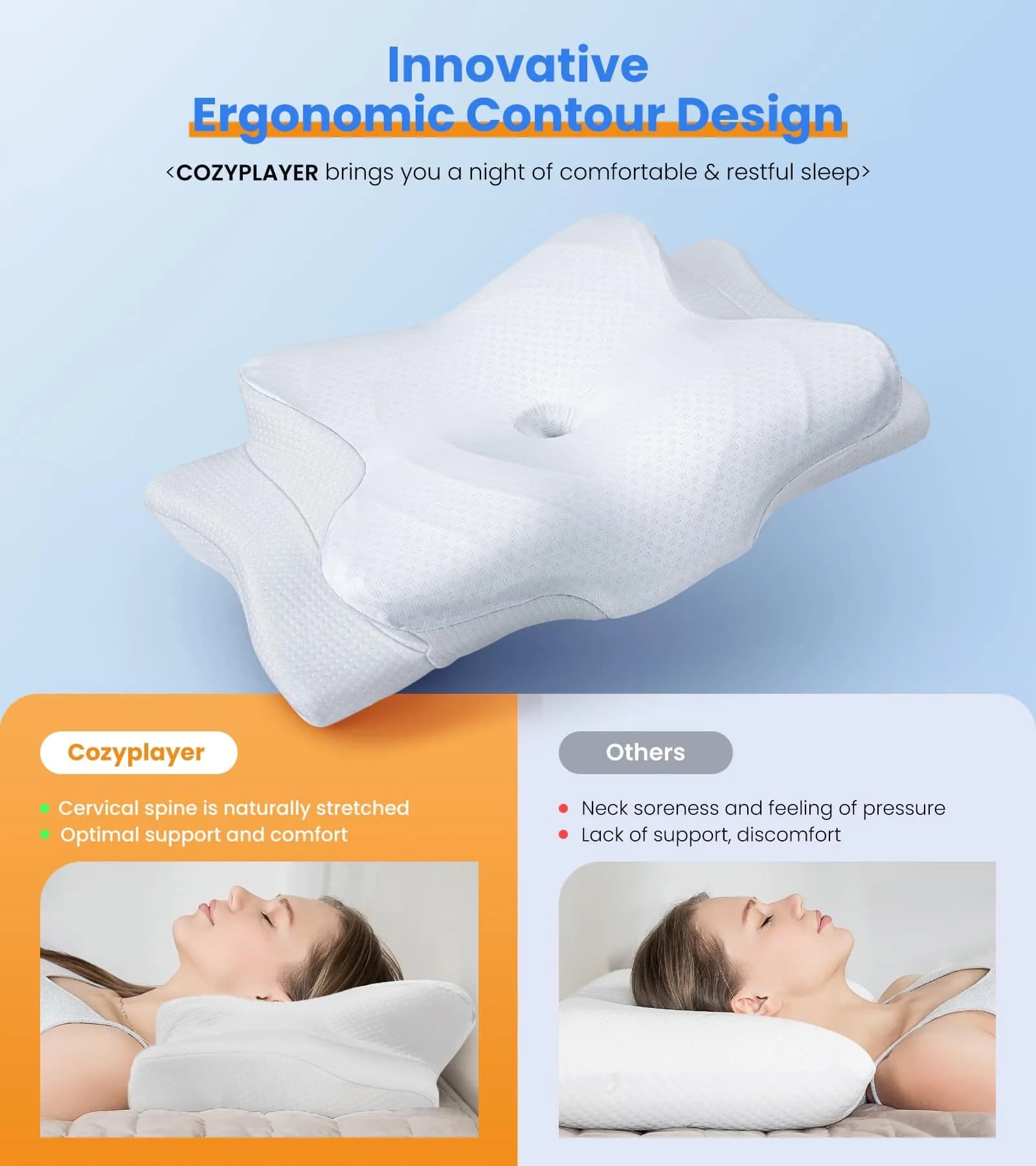 Cozyplayer Ultra Pain Relief Cooling Pillow for Neck Support, Adjustable Cervical Pillow 57cm x 34cm (22.4" x 13.4") - view 2