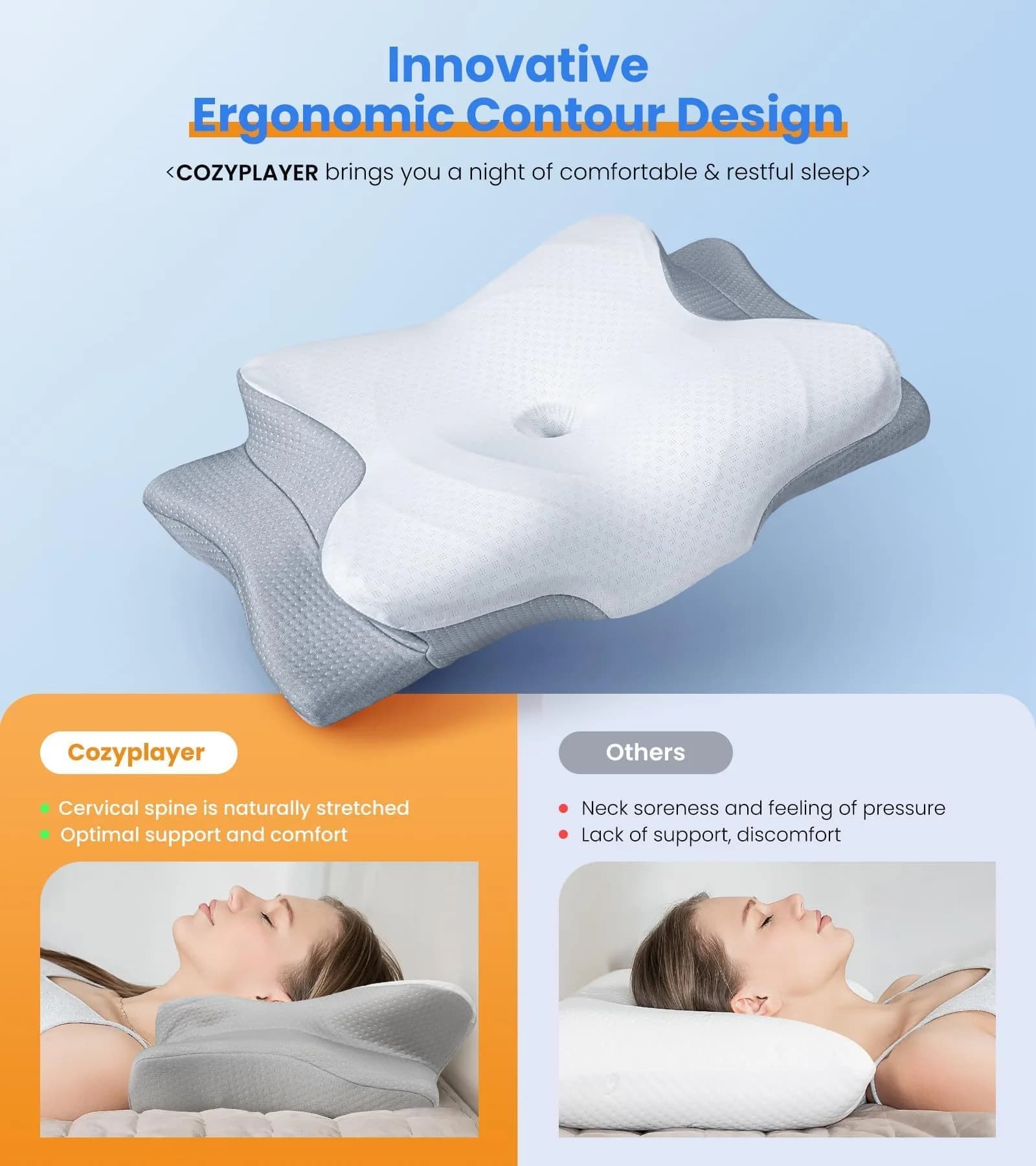 Cozyplayer Grey Queen Cervical Neck Pillow for Neck Pain Relief - Contoured Memory Foam Bed Pillow - view 2