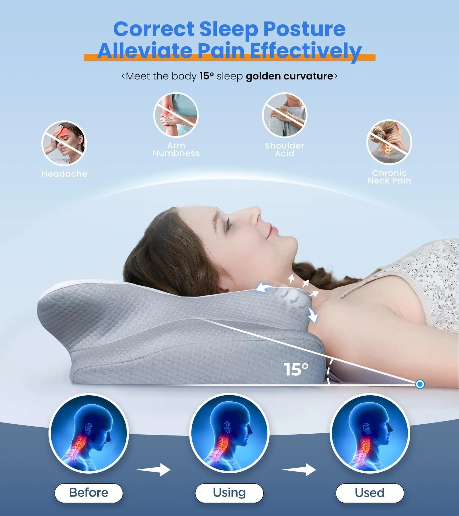 Cozyplayer Grey Queen Cervical Neck Pillow for Neck Pain Relief - Contoured Memory Foam Bed Pillow - view 3