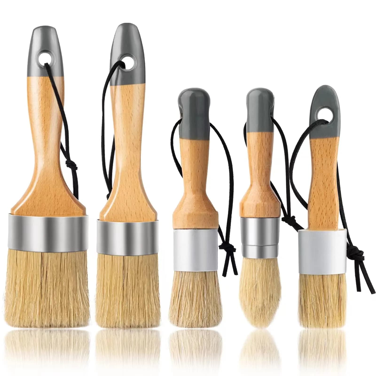 YiBaiBrush Chalk Paint Brush, Wax Paint Brush Set of 5, Natural Bristle | Ideal for Chalk & Wax Projects — 1 Large + 1 Medium + 3 Small