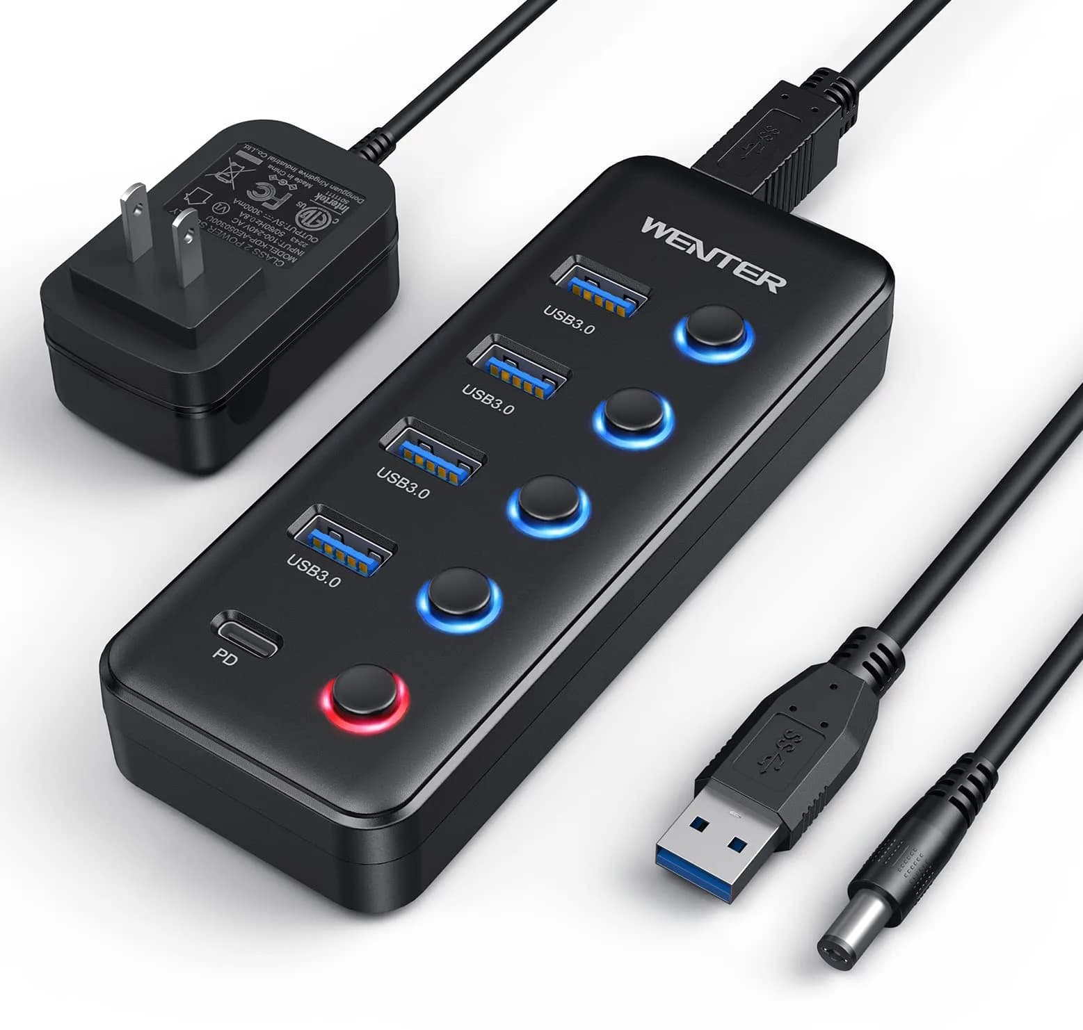 WENTER Powered USB 3.0 Hub 5-Port with Type-C Charging | 4 Data + 1 Charging Ports, LED Switches, Compatible with Mac & PC — 4+1C
