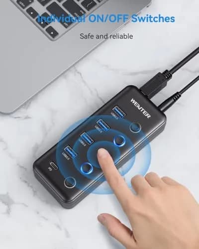 WENTER Powered USB 3.0 Hub 5-Port with Type-C Charging | 4 Data + 1 Charging Ports, LED Switches, Compatible with Mac & PC thumbnail 2
