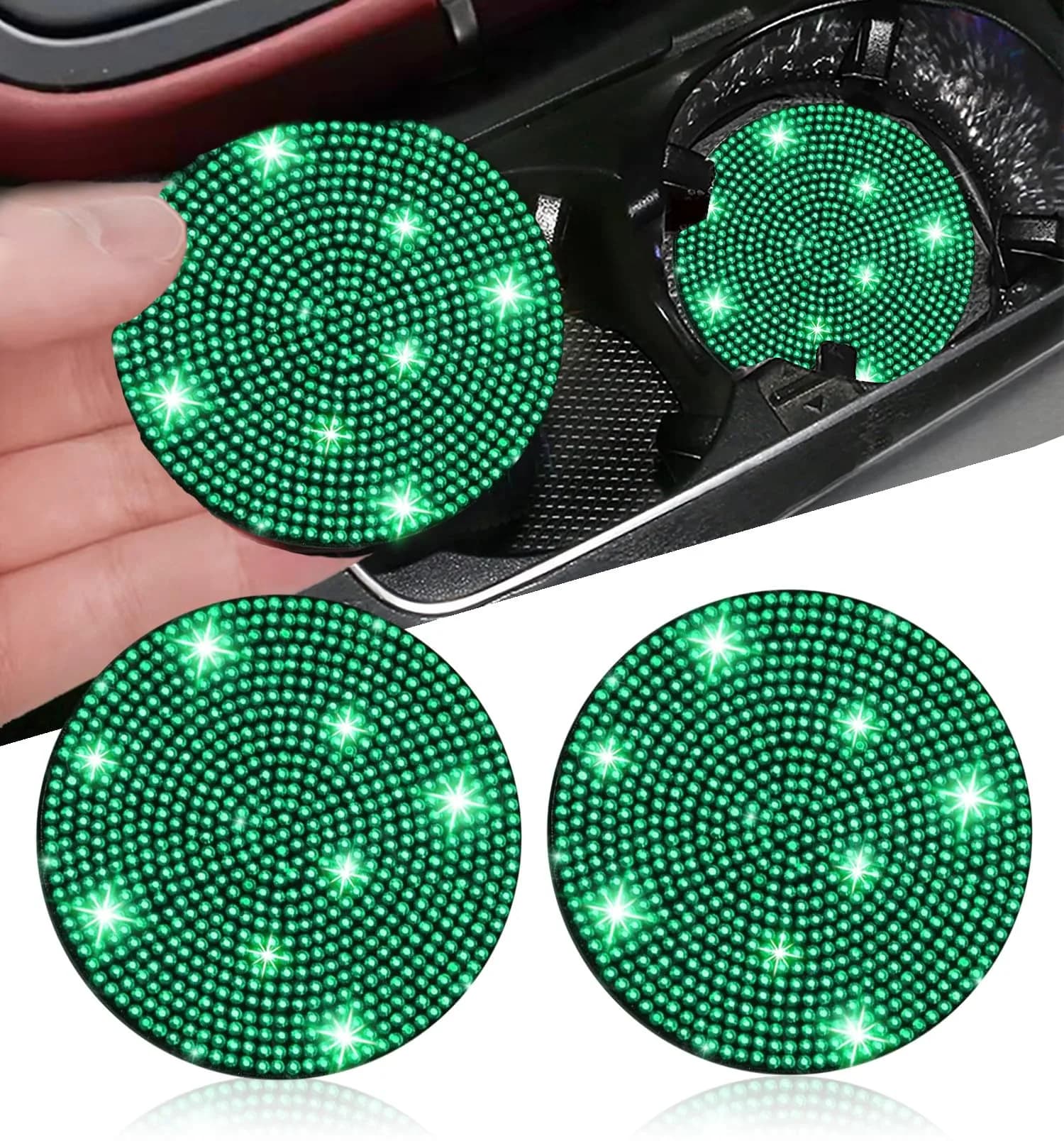 NBTEPEM Bling Car Cup Holder Coasters - 2.75 inch, 2 pcs, Green | Sparkle & Protect Your Car Interior - main product image