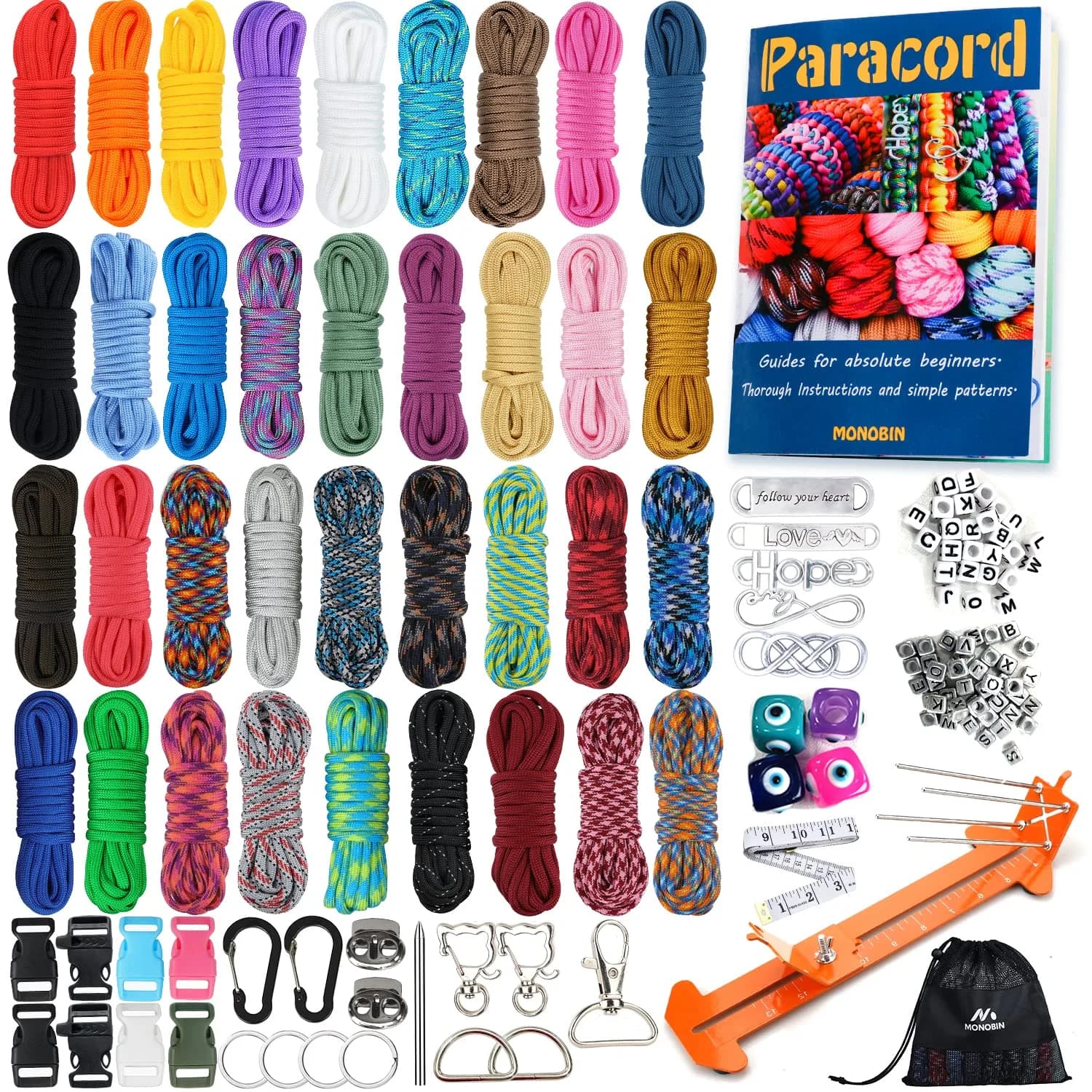 MONOBIN Paracord Kit with Jig & Accessories | 36 Colors for Crafts & Outdoor Use