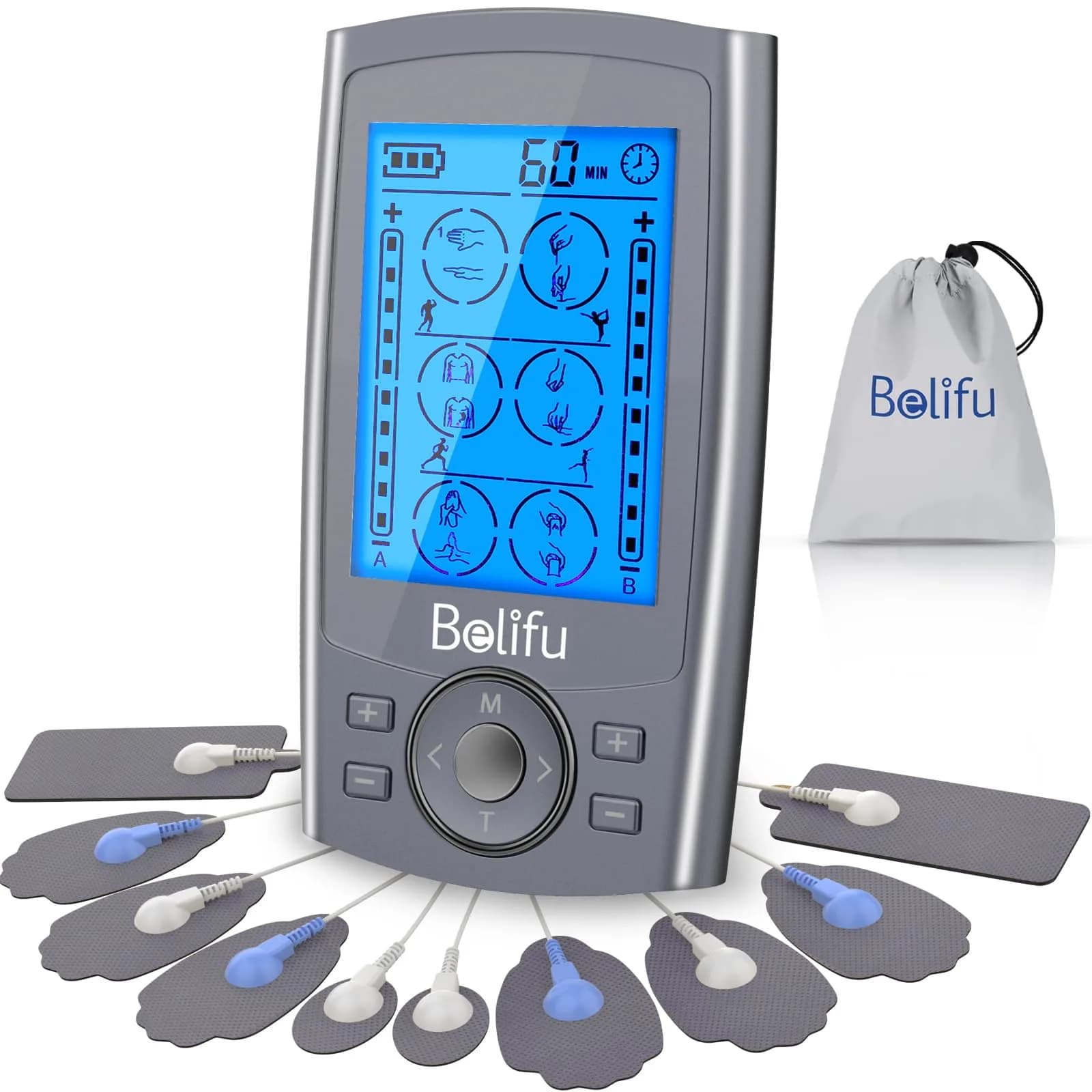 Belifu Dual Channel TENS EMS Unit 24 Modes Muscle Stimulator with 10 Pads | Pain Relief Therapy