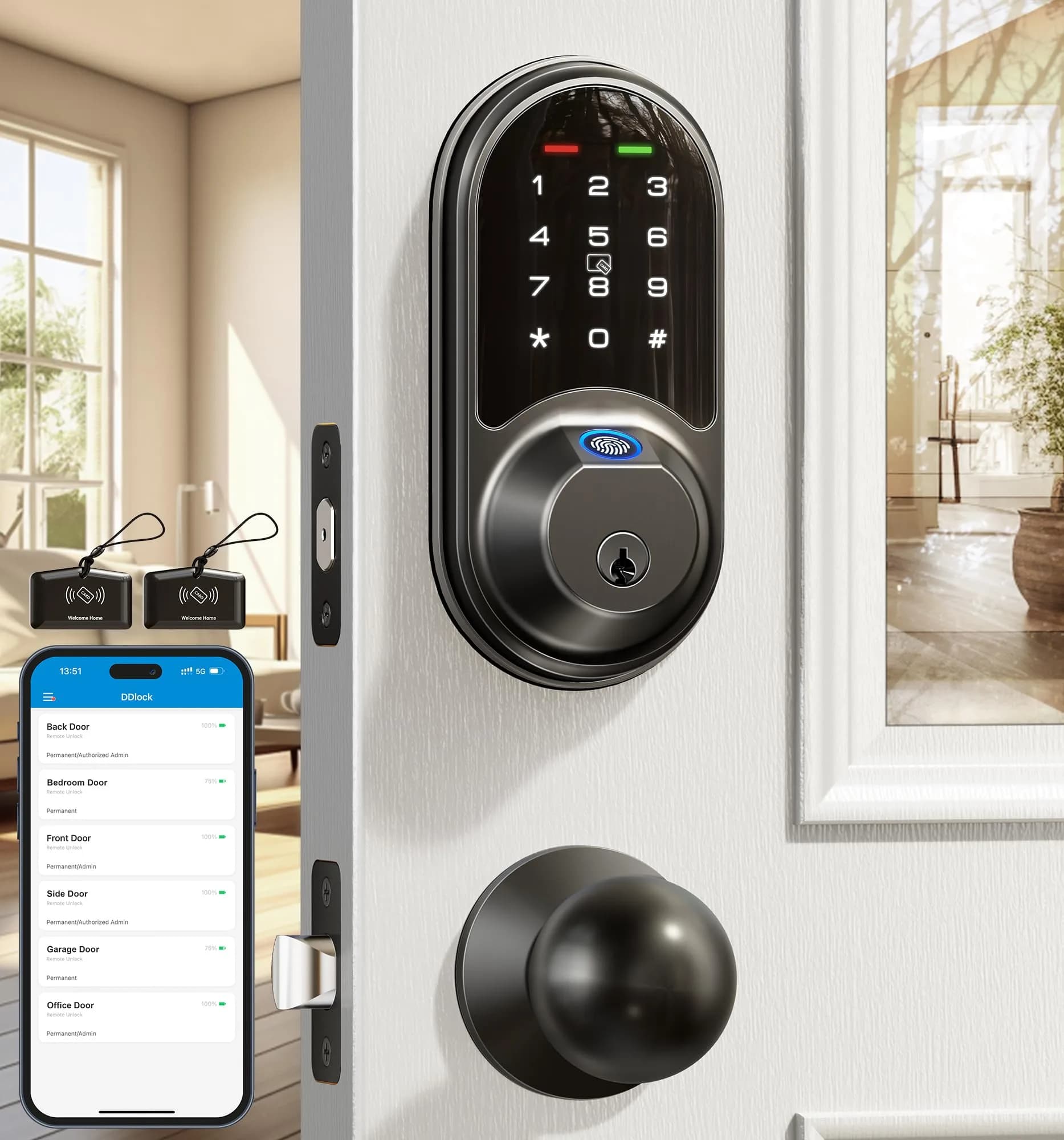 Veise RZ07C Fingerprint Smart Lock Deadbolt 2 Knobs Set, Matte Black | Keyless Biometric Home Security — Matte Black