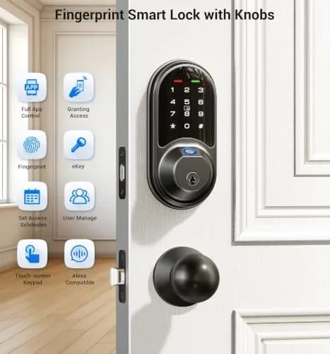 Veise RZ07C Fingerprint Smart Lock Deadbolt 2 Knobs Set, Matte Black | Keyless Biometric Home Security thumbnail 4