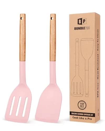 BUNDLEPRO Silicone Spatula Set with Slotted Turner & Wooden Handle | 2 Pack Pink — Pink