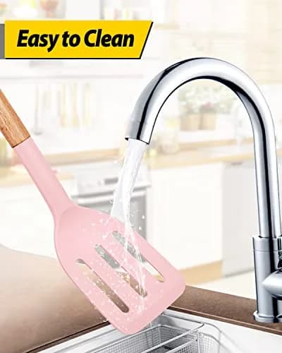 BUNDLEPRO Silicone Spatula Set with Slotted Turner & Wooden Handle | 2 Pack Pink thumbnail 5