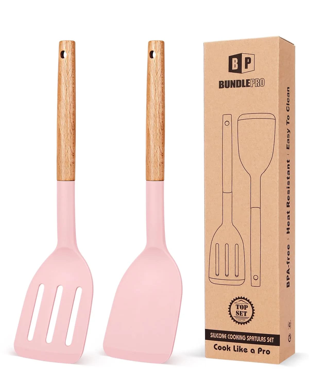 BUNDLEPRO Silicone Spatula Set with Slotted Turner & Wooden Handle | 2 Pack Pink