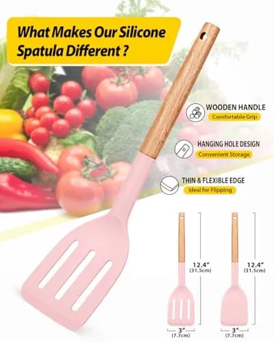 BUNDLEPRO Silicone Spatula Set with Slotted Turner & Wooden Handle | 2 Pack Pink thumbnail 2