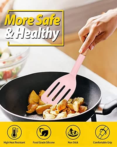 BUNDLEPRO Silicone Spatula Set with Slotted Turner & Wooden Handle | 2 Pack Pink thumbnail 3