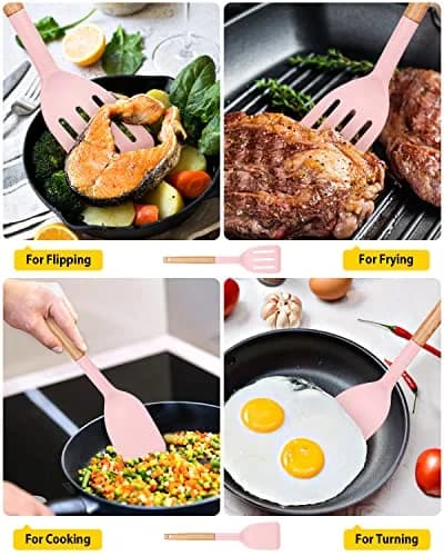 BUNDLEPRO Silicone Spatula Set with Slotted Turner & Wooden Handle | 2 Pack Pink thumbnail 4