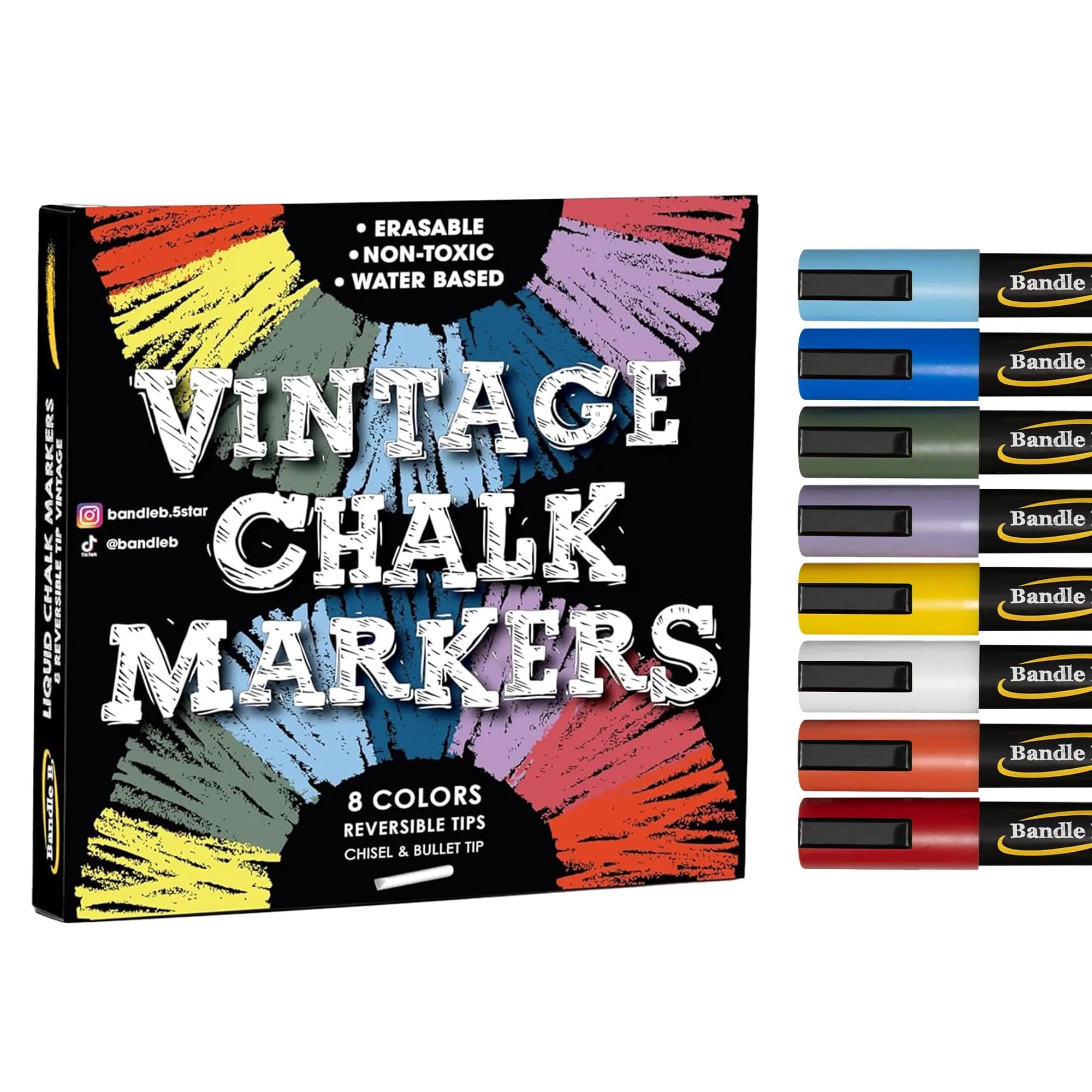 Bandle B. Vintage Pastel Chalk Markers - 8 Count (6mm Tip) | Non-Toxic & Erasable for Glass & Chalkboards - main product image