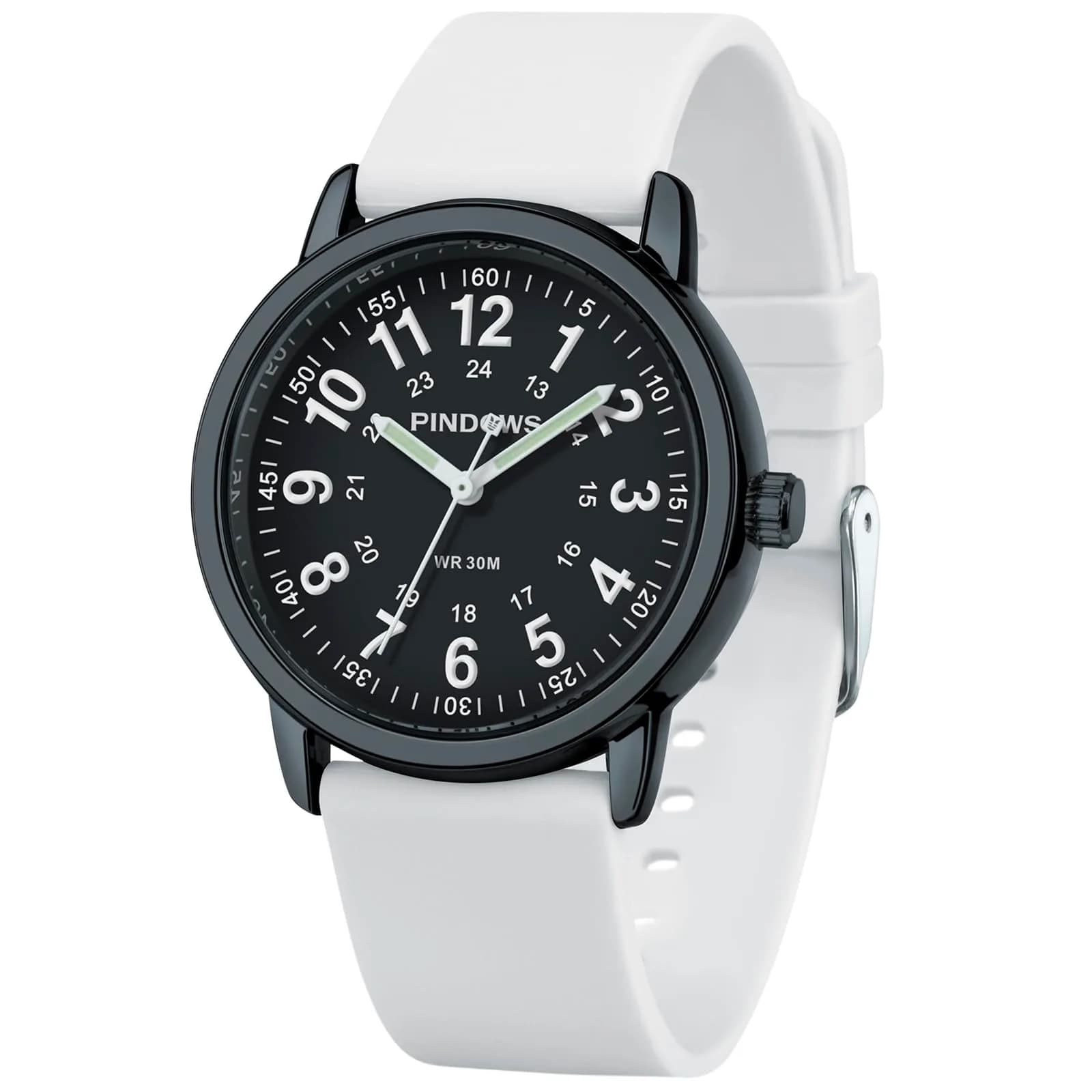 PINDOWS Women's Nurse Watch 34mm Green Silicone Band | Luminous Dial, 12/24 Hr Display — White, Schwarz