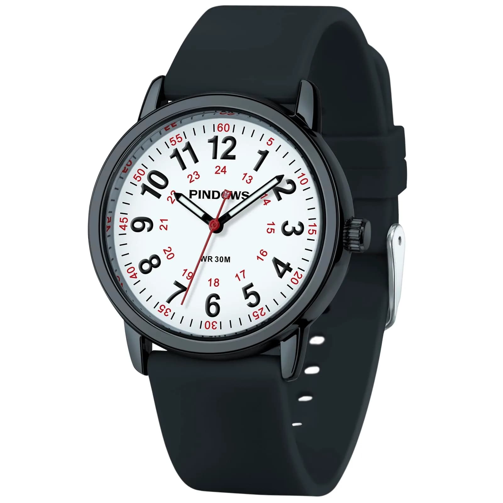 PINDOWS Women's Nurse Watch 34mm Green Silicone | Clear Dial & Luminous Face — Black