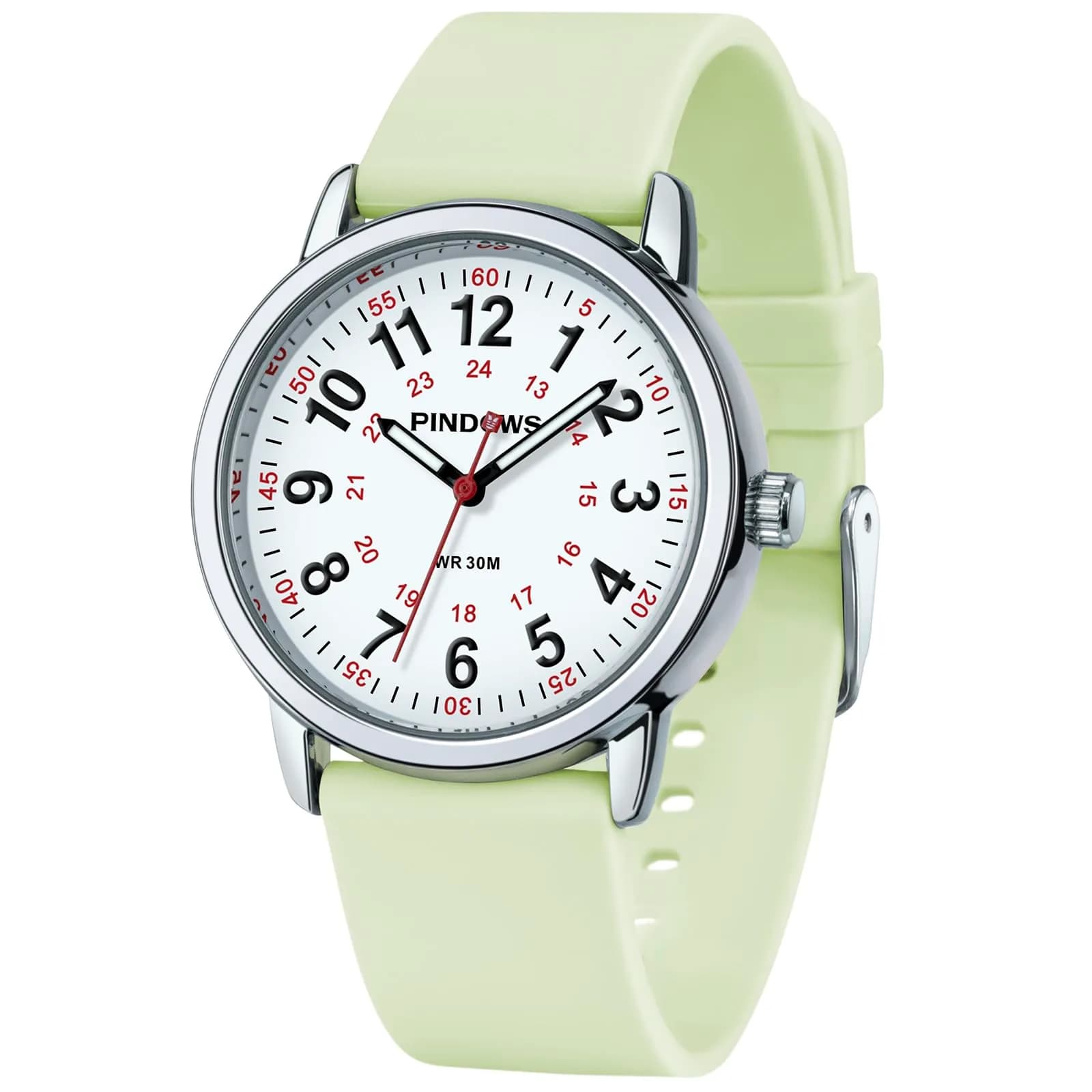 PINDOWS Women's Nurse Watch 34mm Green Silicone | Clear Dial & Luminous Face — Grün Silber
