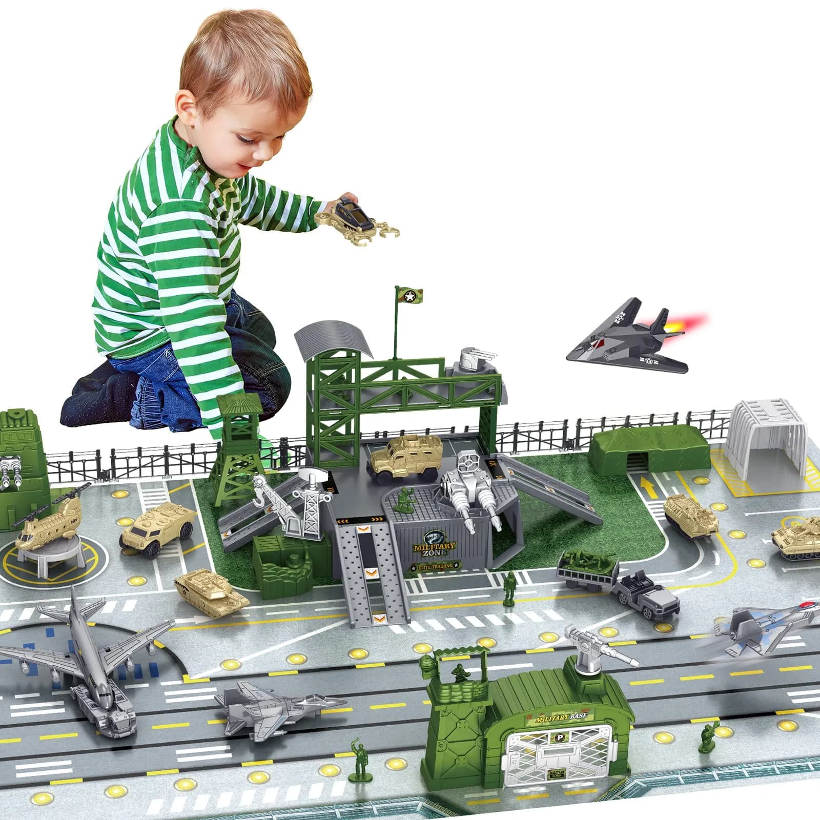 deAO Army Men Playset Military Base with Vehicles Toy & Map for Boys 3-5 | 38 Pieces — Green