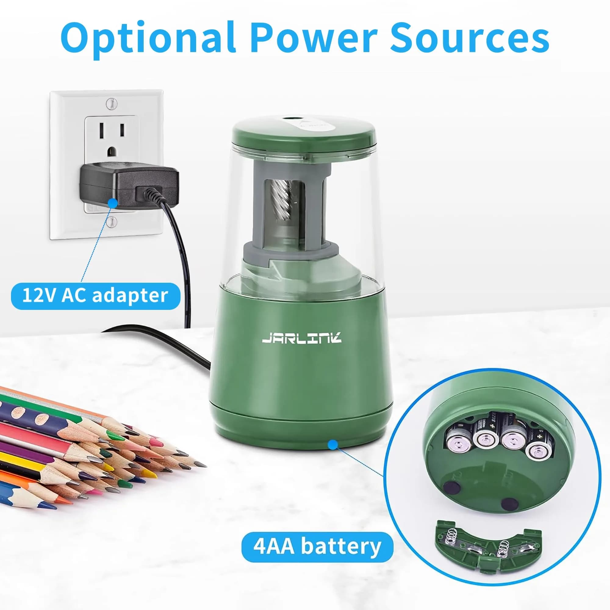 JARLINK Electric Pencil Sharpener Green, 8mm (0.31 inch) | Auto Stop & Heavy Duty Helical Blade - view 5