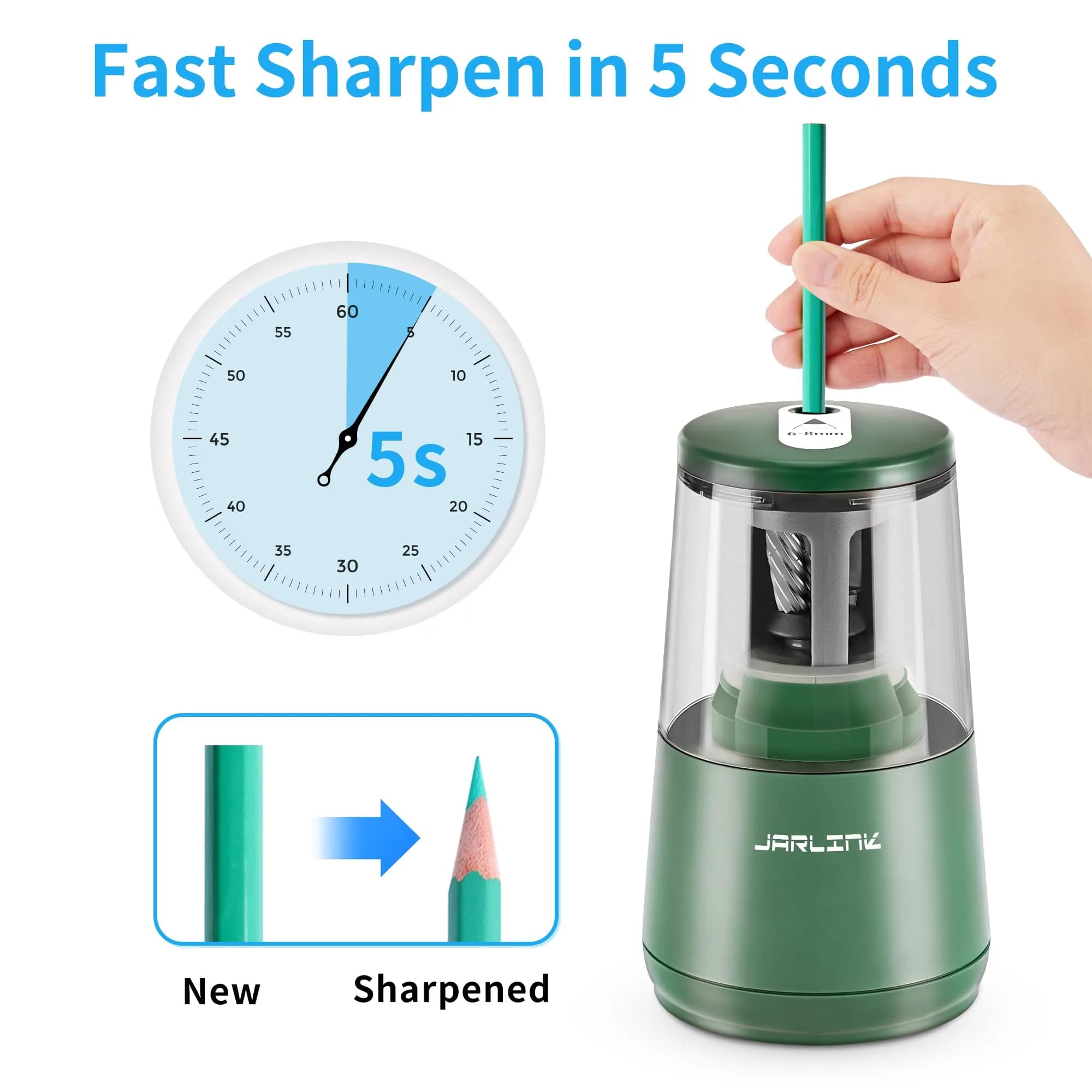 JARLINK Electric Pencil Sharpener Green, 8mm (0.31 inch) | Auto Stop & Heavy Duty Helical Blade - view 2
