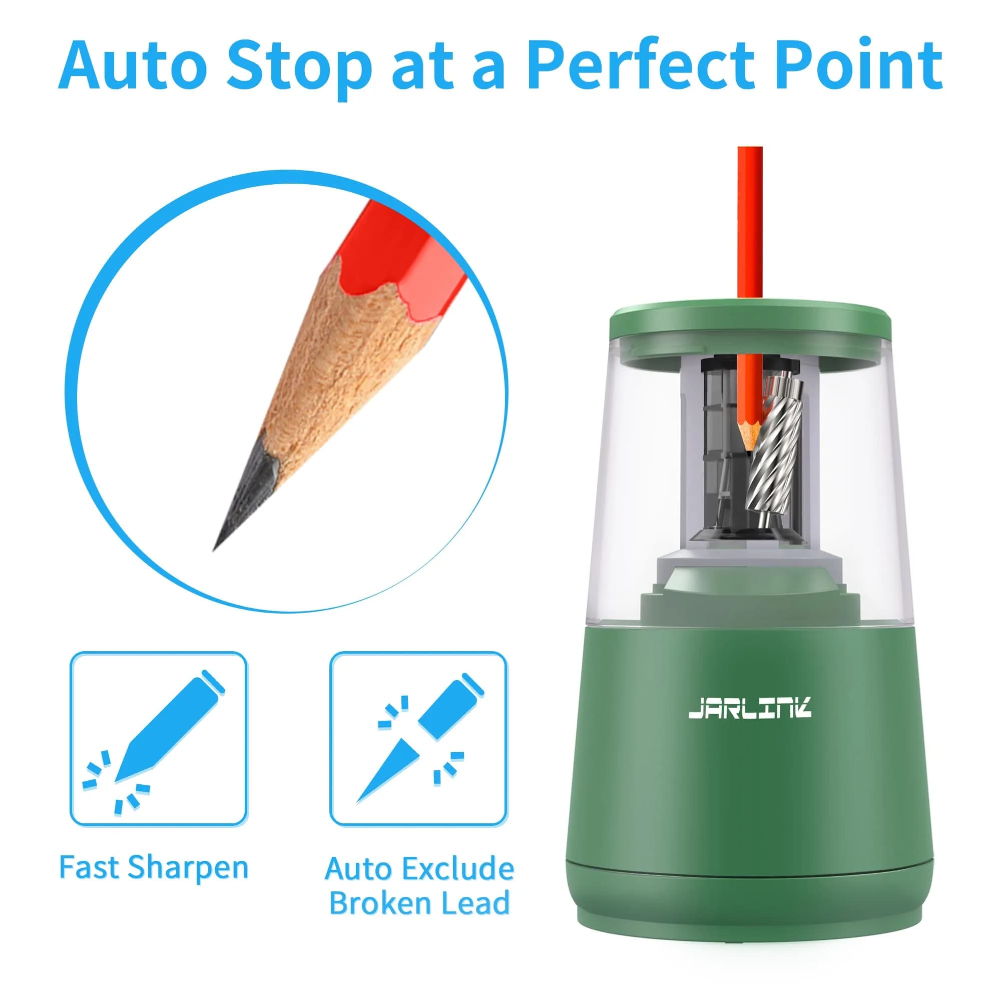 JARLINK Electric Pencil Sharpener Green, 8mm (0.31 inch) | Auto Stop & Heavy Duty Helical Blade - view 3