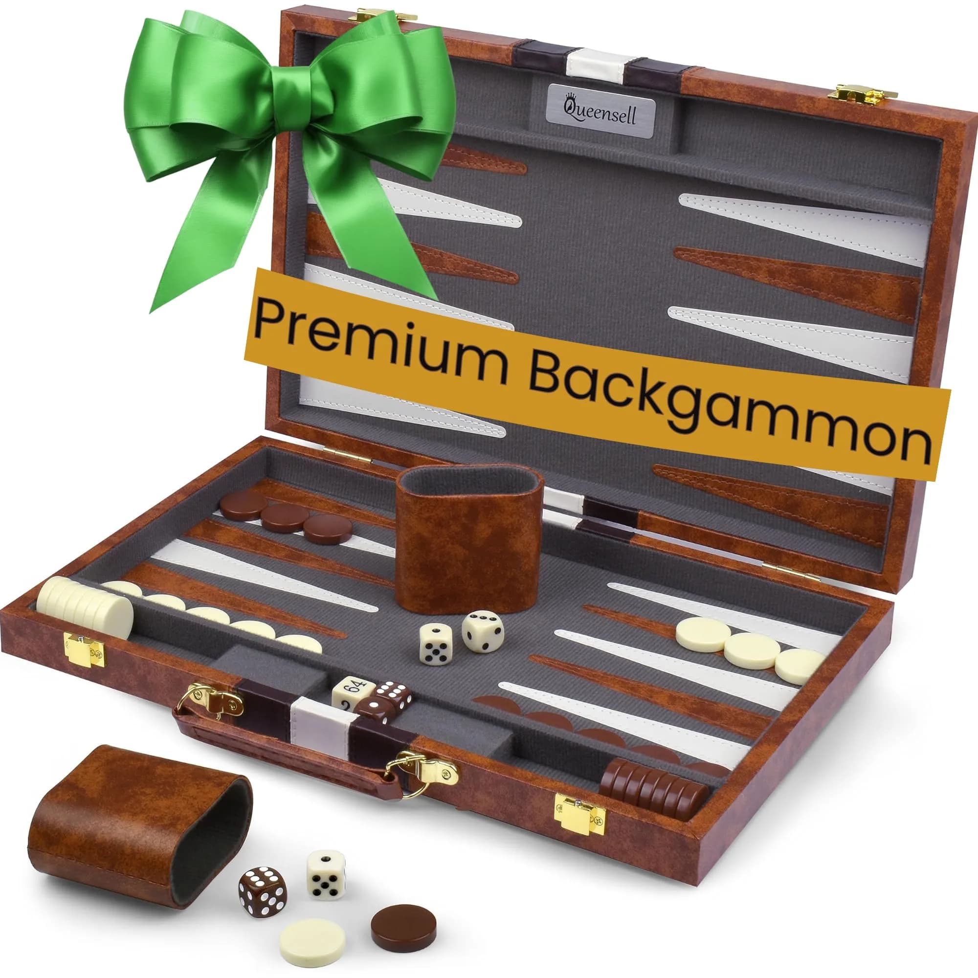 Queensell Large Black Backgammon Set 38.1 cm (15 Inch) | Classic Strategy Board Game for 2 Players — Premium Brown