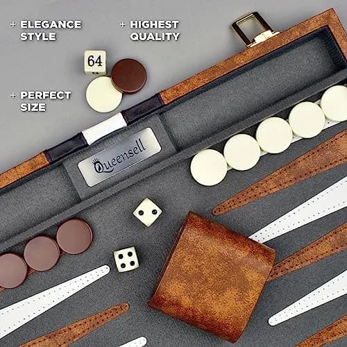 Queensell 15 Inch Folding Backgammon Board Set with PU Leather Case & Felt Surface | Classic Strategy Game for 2 Players thumbnail 5