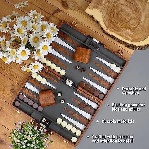 Queensell 15 Inch Folding Backgammon Board Set with PU Leather Case & Felt Surface | Classic Strategy Game for 2 Players thumbnail 6
