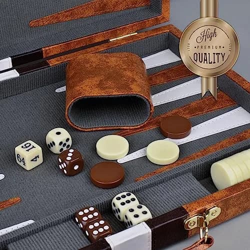 Queensell 15 Inch Folding Backgammon Board Set with PU Leather Case & Felt Surface | Classic Strategy Game for 2 Players thumbnail 7