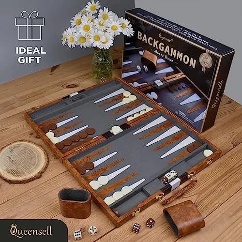 Queensell 15 Inch Folding Backgammon Board Set with PU Leather Case & Felt Surface | Classic Strategy Game for 2 Players thumbnail 2