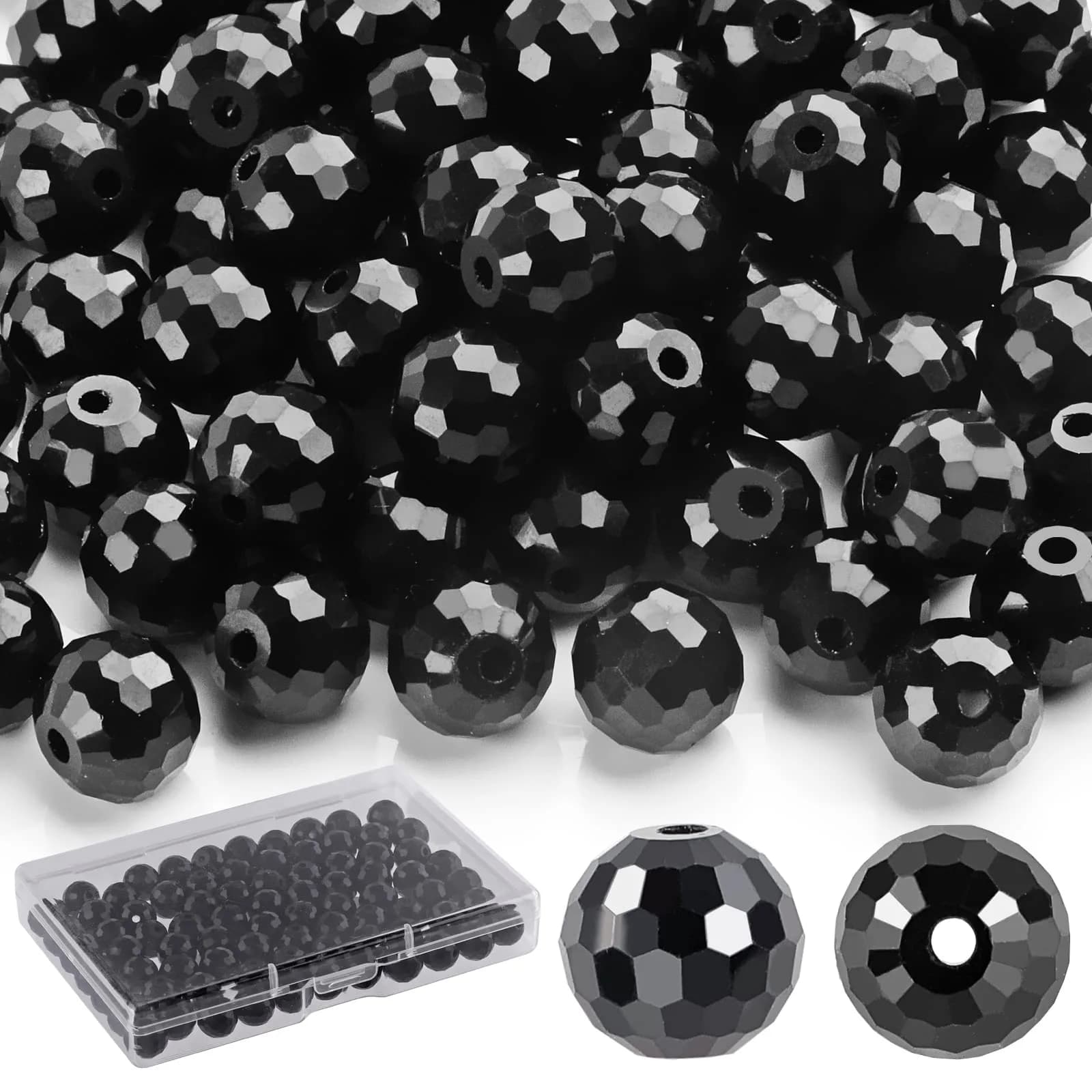 Reastar Black 80 Pcs 10mm Crystal Glass Beads | Faceted Sparkly Shiny for Jewelry Making - main product image