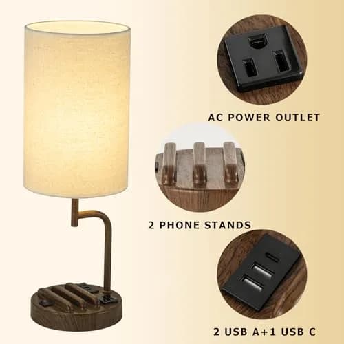 Dreamholder Modern Desk Lamp with 3 USB Ports & AC Outlet | Walnut Finish, 60W thumbnail 2