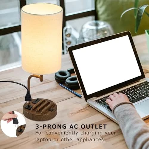 Dreamholder Modern Desk Lamp with 3 USB Ports & AC Outlet | Walnut Finish, 60W thumbnail 3