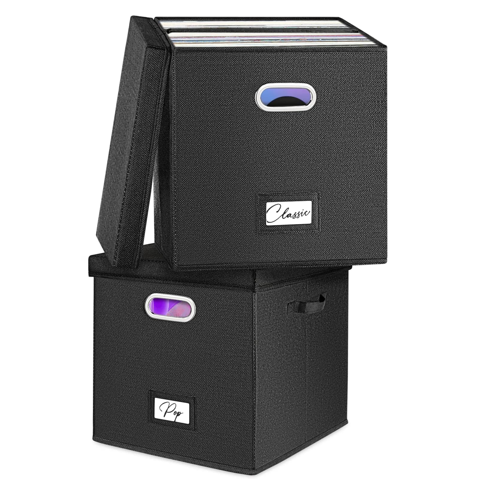 Woodoulogy Vinyl Record Storage Box for 50+ LPs | Space-Saving, Durable Linen Case with Lid — Black