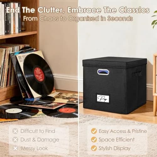 Woodoulogy Vinyl Record Storage Box 12-Inch | Space-Saving, Collapsible, Black Linen (13 inch cube) thumbnail 6