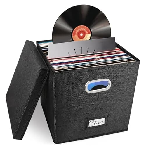 Woodoulogy Vinyl Record Storage Box for 50+ LPs | Space-Saving, Durable Linen Case with Lid thumbnail 1