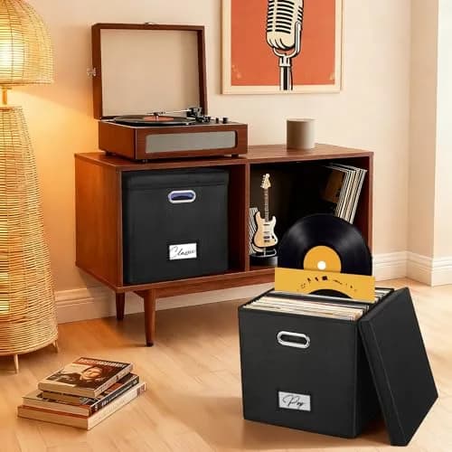 Woodoulogy Vinyl Record Storage Box for 50+ LPs | Space-Saving, Durable Linen Case with Lid thumbnail 7