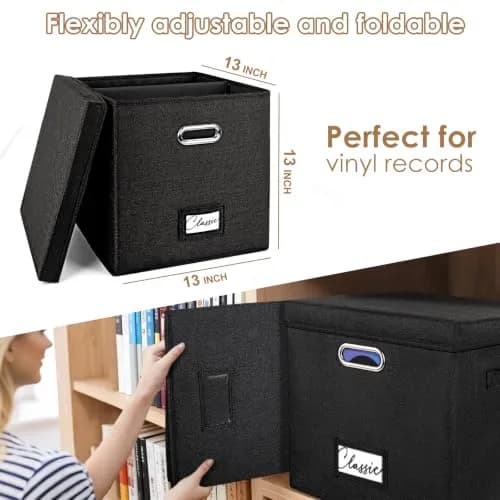 Woodoulogy Vinyl Record Storage Box for 50+ LPs | Space-Saving, Durable Linen Case with Lid thumbnail 2