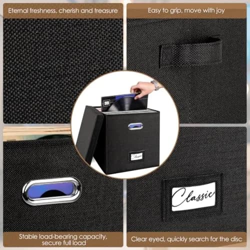Woodoulogy Vinyl Record Storage Box for 50+ LPs | Space-Saving, Durable Linen Case with Lid thumbnail 3