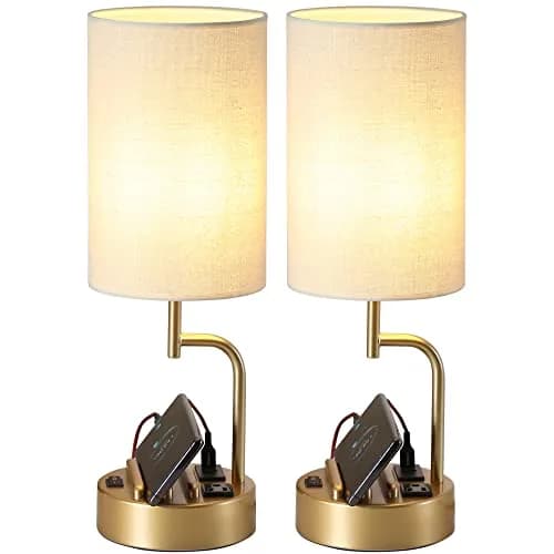 Dreamholder Gold Table Lamp with 3 USB Ports & AC Outlet | Modern Nightstand Light for Bedroom & Office thumbnail 1