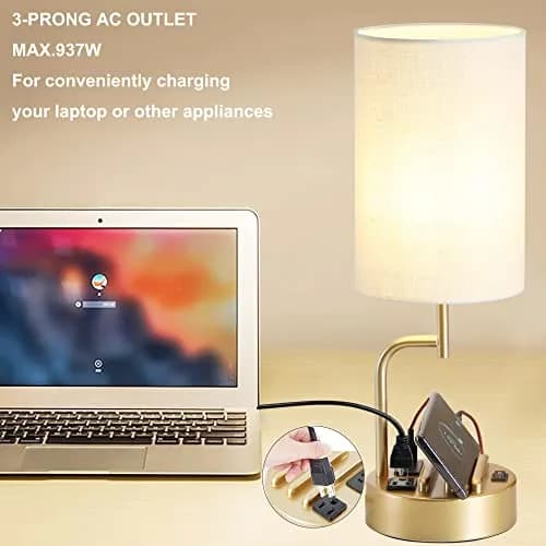 Dreamholder Gold Table Lamp with 3 USB Ports & AC Outlet | Modern Nightstand Light for Bedroom & Office thumbnail 4